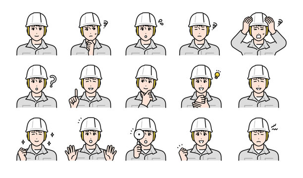 ヘルメットを被った若い男性作業員の様々な表情バリエーションセット