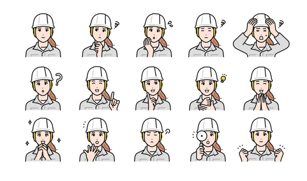 ヘルメットを被った若い女性作業員の様々な表情バリエーションセット