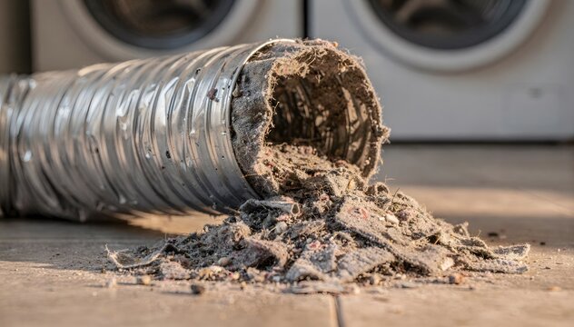 Close-up of a dirty dryer vent hose with a pile of lint and debris on the floor, indicating a need for maintenance and potential fire hazard
