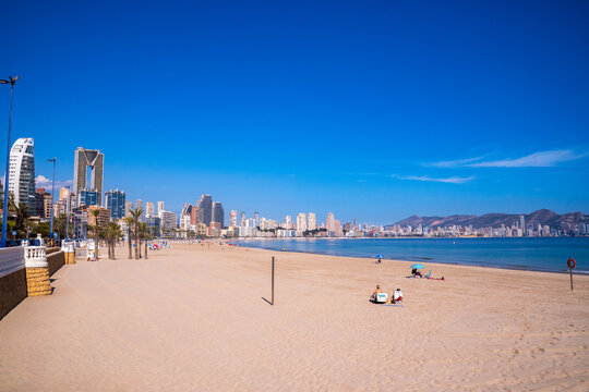 Ponente Beach with skyscraper skyline in Benidorm, Spain