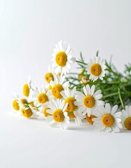 Obraz premium A delicate arrangement of chamomile daisies rests against a clean, white backdrop, showcasing their vibrant yellow centers and pristine white petals.
