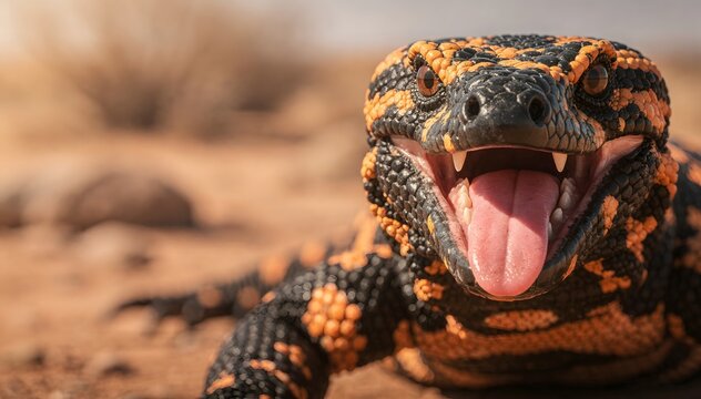 A close-up view of a vibrant reptile with an open mouth and visible tongue and fangs, showcasing its striking black and orange patterns in a natural desert habitat