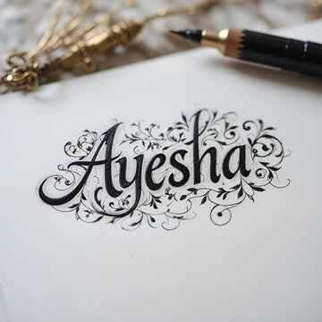 Ayesha name calligraphy, elegant lettering, artistic script, cultural identity.
