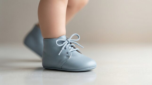 Close-up of a baby's foot wearing a soft blue leather bootie with laces