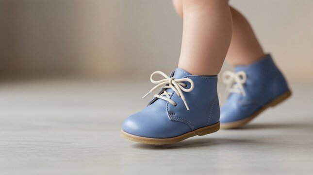 Close-up of a baby's foot wearing a soft blue leather bootie with laces