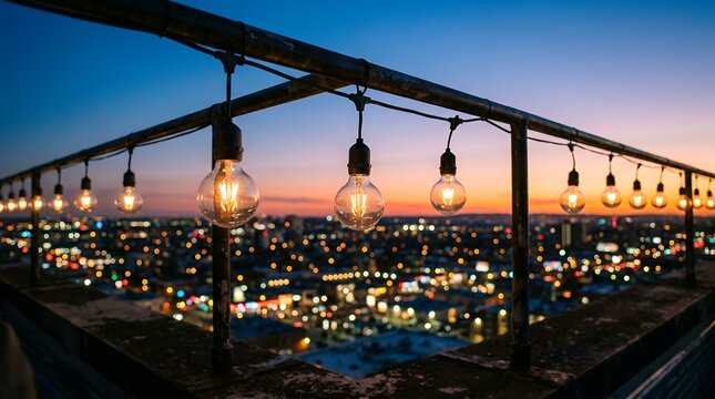 Atmospheric rooftop string lights at sunset, glowing edison bulbs over urban cityscape, warm outdoor terrace lighting for evening events and nightlife