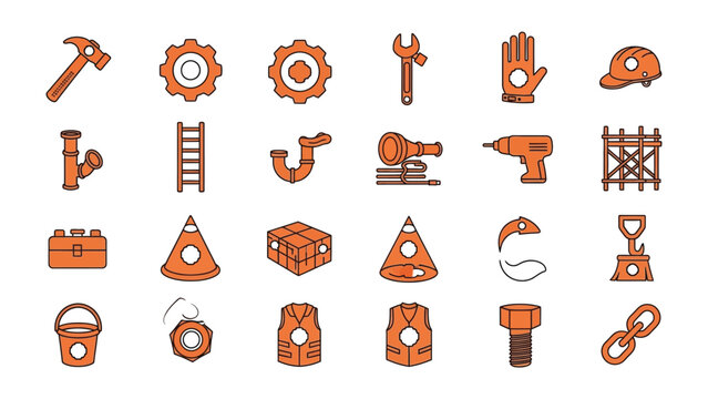 Construction Toolbox Icon Set: A comprehensive collection of construction icons featuring tools and equipment, essential for any building project or renovation task.