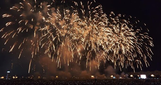 Fireworks explode in night sky.