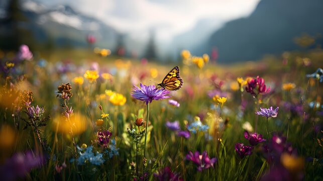 Schmetterling auf Wildblume in farbenreicher Alpenwiese