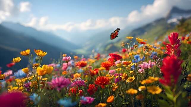 Bunte Alpenblumenwiese mit Schmetterling vor Bergpanorama