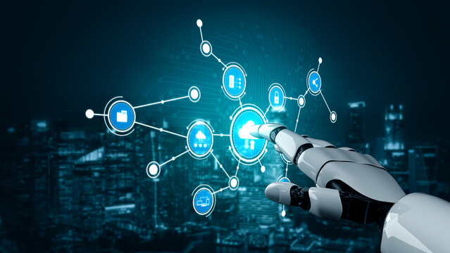 A futuristic robotic hand engages with digital icons in a holographic network, symbolizing the intersection of technology and urban innovation, showcasing advanced artificial intelligence. Tessel