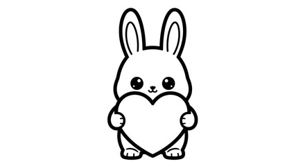 Obraz premium Cute Cartoon Bunny Rabbit Holding a Heart, Black and White Vector Illustration for Coloring Page and Valentine's Day Design