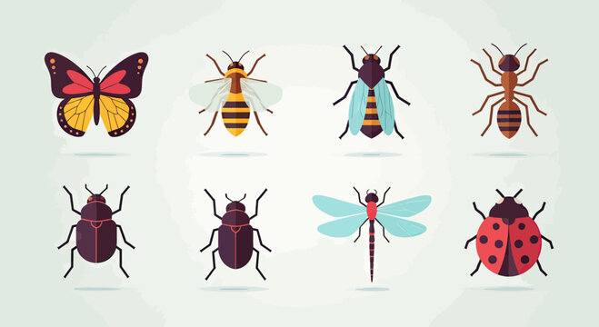 Flat Vector Set of Various Insects and Bugs Including Butterfly, Bee, Ant, Dragonfly, and Ladybug