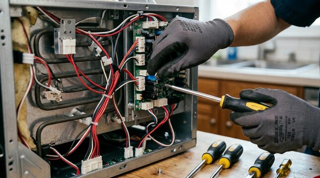 A person in gloves uses a screwdriver to check the internal wiring of an appliance on a workbench with various tools.