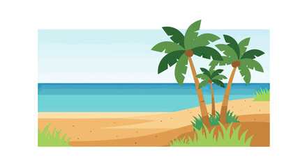 Obraz premium Tropical Beach Landscape with Palm Trees on Sandy Shore and Calm Blue Ocean Vector Illustration