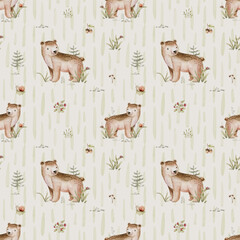 Watercolor seamless pattern with cute baby bear and woodland nursery for children with stump and acorn forest drawing with floral elements. Butterfly and spruce branch  © kris_art