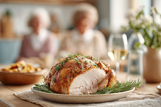 Beautifully cooked chicken served plate garnished with herbs, warm and dining setting. background features two elderly women enjoying meal, creating sense of togetherness