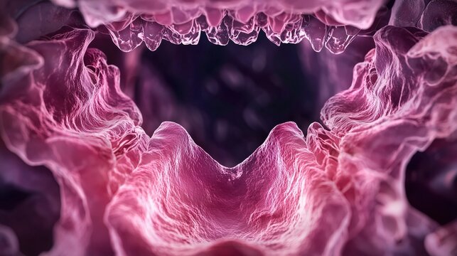 National Speech-Language-Hearing Month: scientific top-down view of open human vocal cords and larynx, pink moist mucosal tissue texture, triangular glottis opening with deep dark trachea below