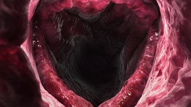 National Speech-Language-Hearing Month: scientific top-down view of open human vocal cords and larynx, pink moist mucosal tissue texture, triangular glottis opening with deep dark trachea below