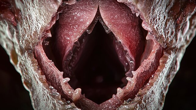 National Speech-Language-Hearing Month: scientific top-down view of open human vocal cords and larynx, pink moist mucosal tissue texture, triangular glottis opening with deep dark trachea below
