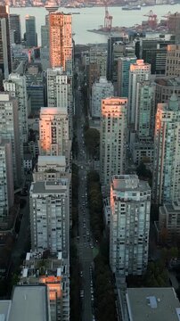 Aerial view on downtown of Vancouver at dusk, Canada