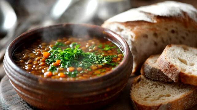 Hearty lentil soup served with fresh bread slices