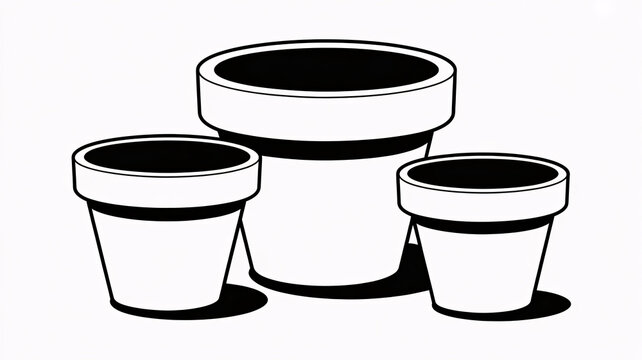 Three empty terracotta-style flower pots in varying sizes, depicted in a simple black and white line art illustration.