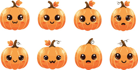 Fototapeta premium Flat lay of multiple cartoon pumpkins with different facial expressions on a white background, conveying a playful and festive mood with orange and black colors.
