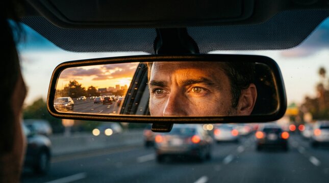 Focused driver eyes reflection in rearview mirror for safe driving, insurance and road safety concept