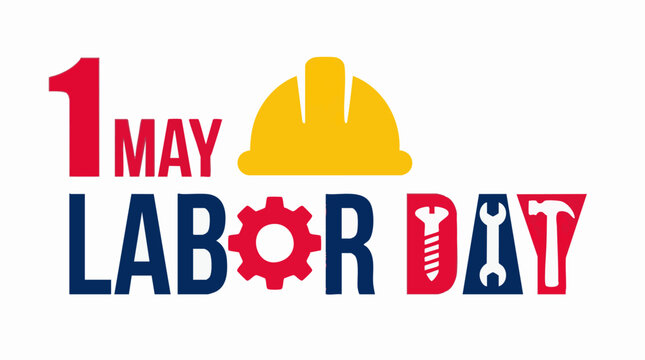 May 1st Labor Day vector with hard hat, gear, wrench, and hammer
