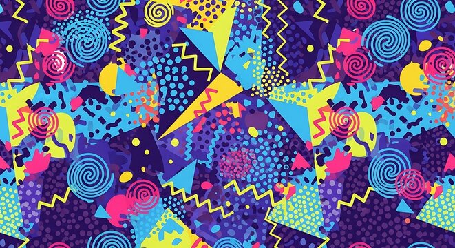 Retro 80s 90s Memphis Style Pattern Design with Abstract Shapes and Vibrant Colors