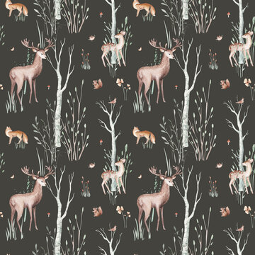 Watercolor Woodland animals seamless pattern. Fabric wallpaper forest with baby deer. Owl, fox and butterfly, Bunny rabbit set of forest, bear and bird baby animal Nursery