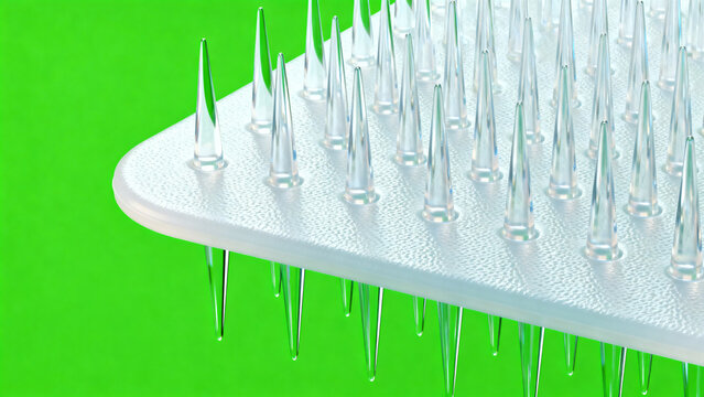 A high resolution macro photography shot of a medical micro-needle patch with sharp transparent spikes and medicine isolated on a solid bright chroma key green screen background for health ads