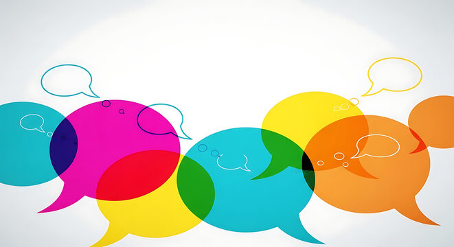 Vibrant Multicolored Overlapping Speech Bubbles and Dialogue Balloons Arranged Artistically on a Clean White Background with Ample Copy Space for Text Communication and Social Media Design