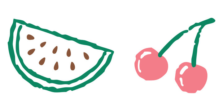 Cute Watermelon Slice and Cherry Doodle Art.