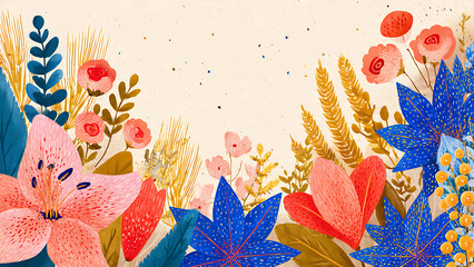 Fototapeta premium A Vibrant Modern Folk Art Style Digital Illustration of Flowers and Wheat Stalks with Warm Tones