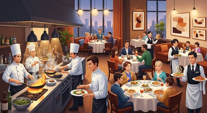 Restaurant interior with people dining.