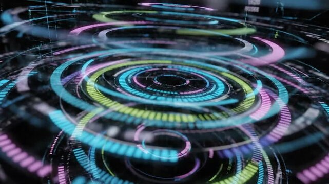 Futuristic abstract digital data visualization with colorful concentric circles spinning and floating over black background