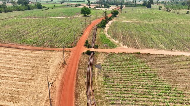 Overhead drone view of crude oil pipelines running across vast land, showcasing energy infrastructure, petroleum transport systems, and the connection between extraction and global consumption. 4k.
