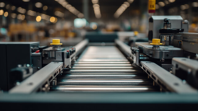 Empty conveyor production line in factory, representing logistics flow, manufacturing process, and industrial infrastructure.