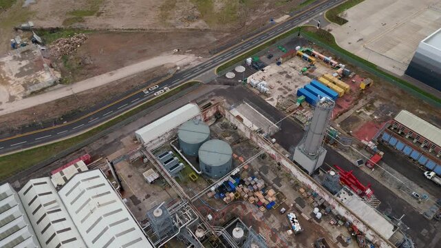 Top down aerial view of industrial silos and piping infrastructure Derby UK