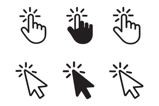 Cursor click pointer and hand touch gesture icon set including mouse arrow tap finger outline solid symbols isolated vector