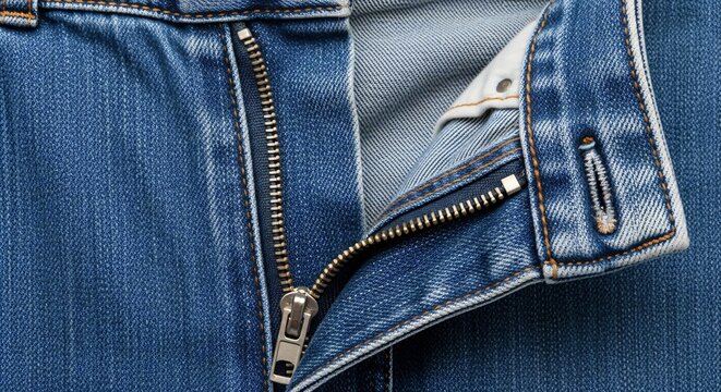 Close-up of partially unzipped blue denim jeans with a button closure and brass zipper showcasing the texture and detail of the fabric