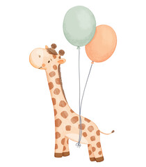 Fototapeta premium Cute baby giraffe with balloons, african animal on isolated background. Childish illustration in neutral colors for kids