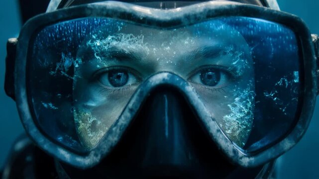 Diver in black mask and snorkel with clear blue eyes gazes through fogged goggles underwater, showcasing the immersive experience of deep-sea exploration in a tranquil aquatic environment