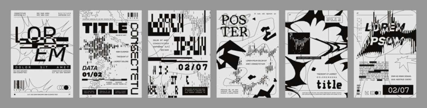 Retro futuristic posters with distorted geometric forms and ASCII style elements. Monochrome anti design banner with abstract glitch shapes and lines, grunge urban bitmap aesthetics poster vector set