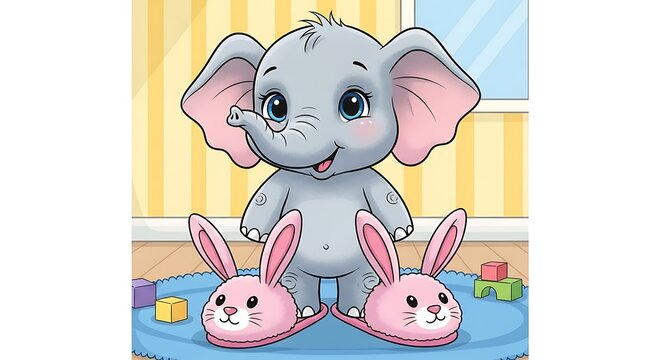 Cartoon elephant with bunny slippers.