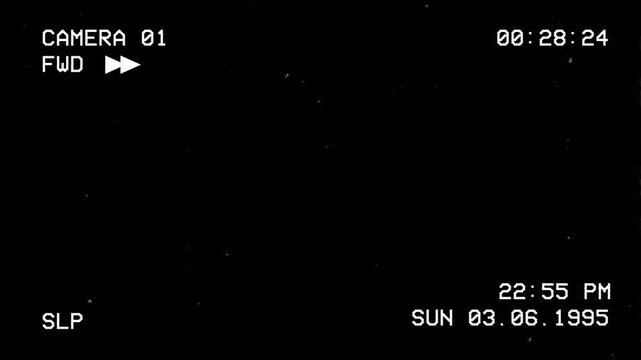 Retro VHS fast forward overlay with analog noise, timer, camcorder indicators on dark background for editing. Analog cassette tape forwarding screen interface glitch noise style for media. 4K Video