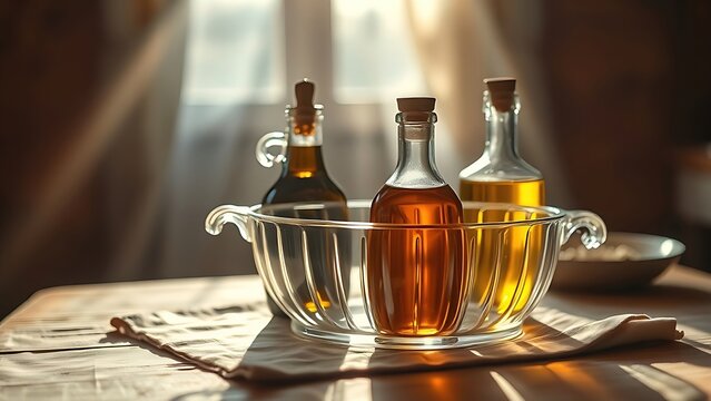cruet. Classic glass cruet set on rustic wooden table with linen cloth, sunlight streaming through. bar promotions, beverage menus, designed for food & beverage menus and cafe branding.
