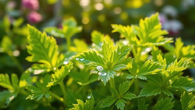 lovage. A lush green lovage plant with dewdrops in a morning garden. gardening catalogs, home-decor guides, designed for home decor and floral branding, used by ngo communicators.
